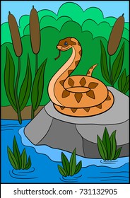 Cartoon animals. Little cute viper stands on the stone.
