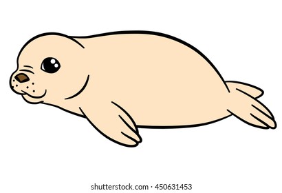 Cartoon animals. Little cute white-coat baby fur seal smiles.