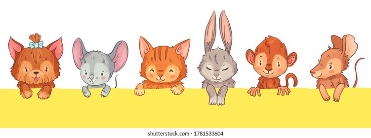 Cartoon animals looking out. Cute dog with bow, mouse, cat and rabbit, monkey and rat. Adorable furry pet heads with funny smiling faces, pink cheeks and closed eyes vector illustration