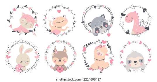 Cartoon animals in love frames with hearts, arrows and plants. Valentines day decorative elements. Cute romantic nowaday vector decorations