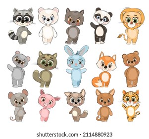 Cartoon animals. Lovely plush toys. Children characters baby. Big set. Isolated on white background. Vector