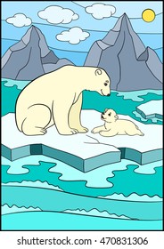 Cartoon animals. Mother bear sits on the ice-floe with her little cute baby and smiles.