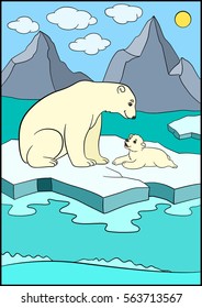 Cartoon animals. Mother bear sits on the ice-floe with her little cute baby and smiles.