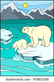 Cartoon animals. Mother bear stands on the ice-floe with her little cute baby and smiles.