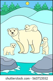 Cartoon animals. Mother bear stands on the snow with her little cute babies.