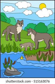 Cartoon animals. Mother and father wolves look at their little cute baby.