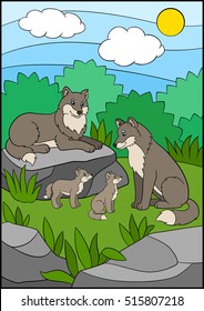 Cartoon animals. Mother and father wolves with their little cute babies.