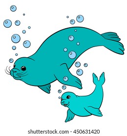 Cartoon animals. Mother fur seal swims with her little cute baby and smiles.