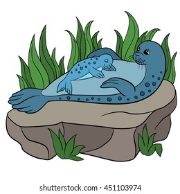 Cartoon animals. Mother fur seal with her sleeping little cute baby on the rock.