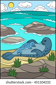 Cartoon animals. Mother fur seal with her sleeping little cute baby on the rock near the ocean.