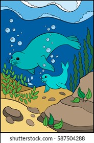 Cartoon animals. Mother fur seal swims underwater with her little cute baby and smiles.