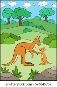 Cartoon animals. Mother kangaroo with her little cute baby kangaroo.