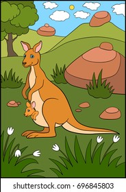 Cartoon animals. Mother kangaroo with her little cute baby kangaroo.