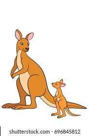 Cartoon animals. Mother kangaroo with her little cute baby kangaroo.