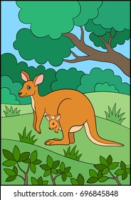 Cartoon Animals Mother Kangaroo Her Little Stock Vector (Royalty Free ...