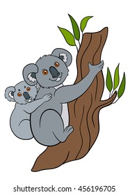 Cartoon animals. Mother koala with her little cute baby sit on the tree branch and smile.