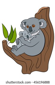 Cartoon animals. Mother koala with her little cute baby sit on the tree branch and smile.