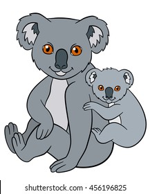 Cartoon animals. Mother koala sits with her little cute baby and smiles.