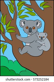 Cartoon animals. Mother koala sits with her little cute baby on the tree branch and smiles.