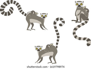 Cartoon animals. Mother lemur stands with her little cute baby. Set vector illustration