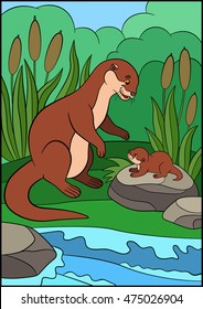 Cartoon animals. Mother otter looks at her little cute baby otter and smiles.