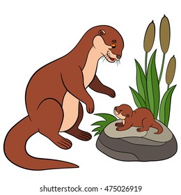 Cartoon animals. Mother otter looks at her little cute baby and smiles.