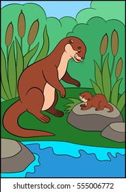 Cartoon animals. Mother otter looks at her little cute baby otter and smiles.