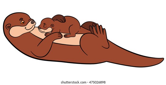 Cartoon animals. Mother otter swims with her sleeping cute baby.