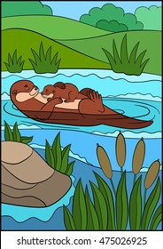 Cartoon animals. Mother otter swims with her sleeping cute baby in the river and smiles.