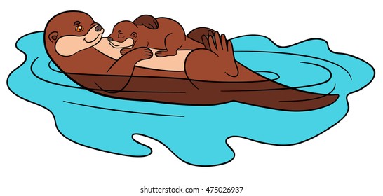 Cartoon animals. Mother otter swims with her sleeping cute baby in the river and smiles.