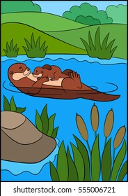 Cartoon animals. Mother otter swims with her sleeping cute baby in the river and smiles.