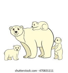Cartoon animals. Mother polar bear with her three little cute babies.
