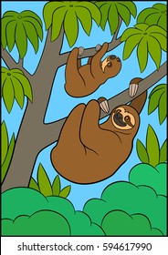 Cartoon animals. Mother sloth and her little cute baby hang on the tree branch and smile.