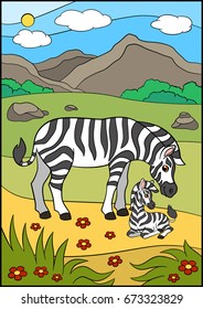 Cartoon animals. Mother zebra with her little cute baby.