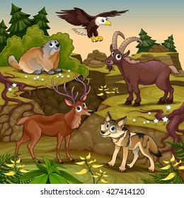 Cartoon animals in a mountain landscape. Vector cartoon illustration.