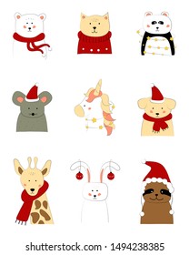 Cartoon animals: mouse, panda and puppy in Santa's hat; rabbit with Christmas toys; bear and giraffe in scarf; cat in sweater; unicorn and panda in garland. Holiday decoration