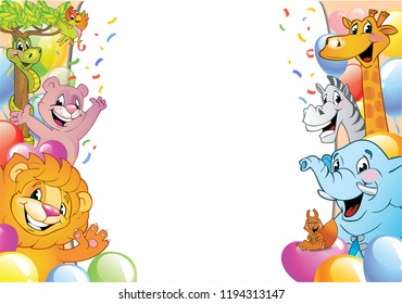 Cartoon animals in multi-colored balloons against blue sky, vector illustration. Festive background with free space for text