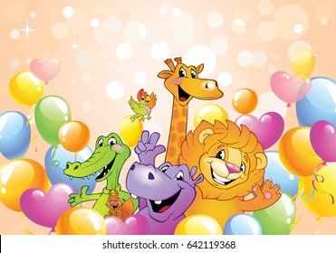 Cartoon animals in multi-colored balloons against background with bokeh lights and stars, vector illustration. Festive background with free space for text