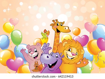 Cartoon animals in multi-colored balloons against background with bokeh lights and stars, vector illustration. Festive background with free space for text