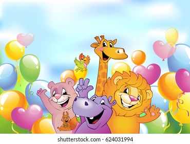 Cartoon animals in multi-colored balloons, cheerful background with free space for text