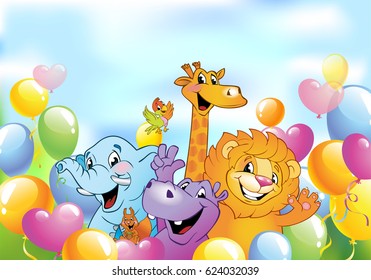 Cartoon animals in multi-colored balloons, cheerful background with free space for text