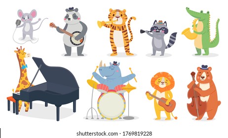 Cartoon animals with music instruments. Giraffe play piano, cute panda with banjo and alligator plays saxophone. Lion with guitar, hippo play on drum illustration