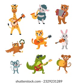 Cartoon animals musicians, performing animal with musical instruments. Isolated giraffe, crocodile and bear play music, classy vector characters