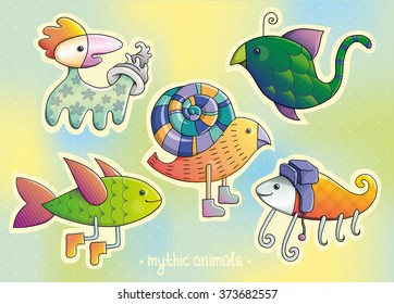 Cartoon animals. Mythic animals set. Colorful stickers.