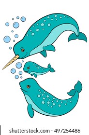 Cartoon animals. Narwhal family swims and smiles.