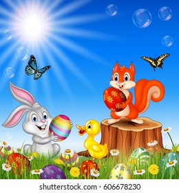 Cartoon animals with nature Easter background