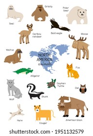 Cartoon animals of North America, set, isolated on white background. walrus, seal, deer, skunk, bison, fox, wolf, eagle, bear, turtle, owl