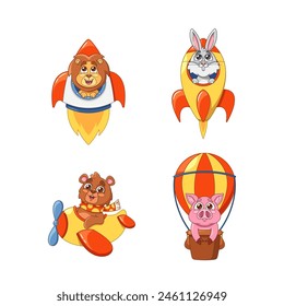 Cartoon Animals On Flying Adventure. Lion In Rocket, Rabbit In Space Ship, Bear In Propeller Plane, And Pig In A Balloon