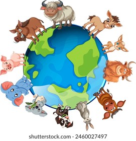 Cartoon animals on a globe, representing diversity