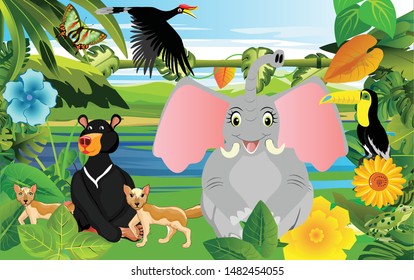 Cartoon animals on jungle background, elephant, bear, birds and tropical plants, vector illustration